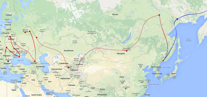 Map showing the journey we will embark, from Bulgaria up to Belarus and then heading East over Asia