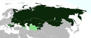 Cyrillic alphabet distribution map throughout the countries of Asia, marked with dark green.