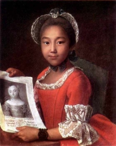 Photo of a Kalmyk girl, wearing a red dress enhanced by white lace and a bonnet on her head, typical to the Russian fashion of the time.